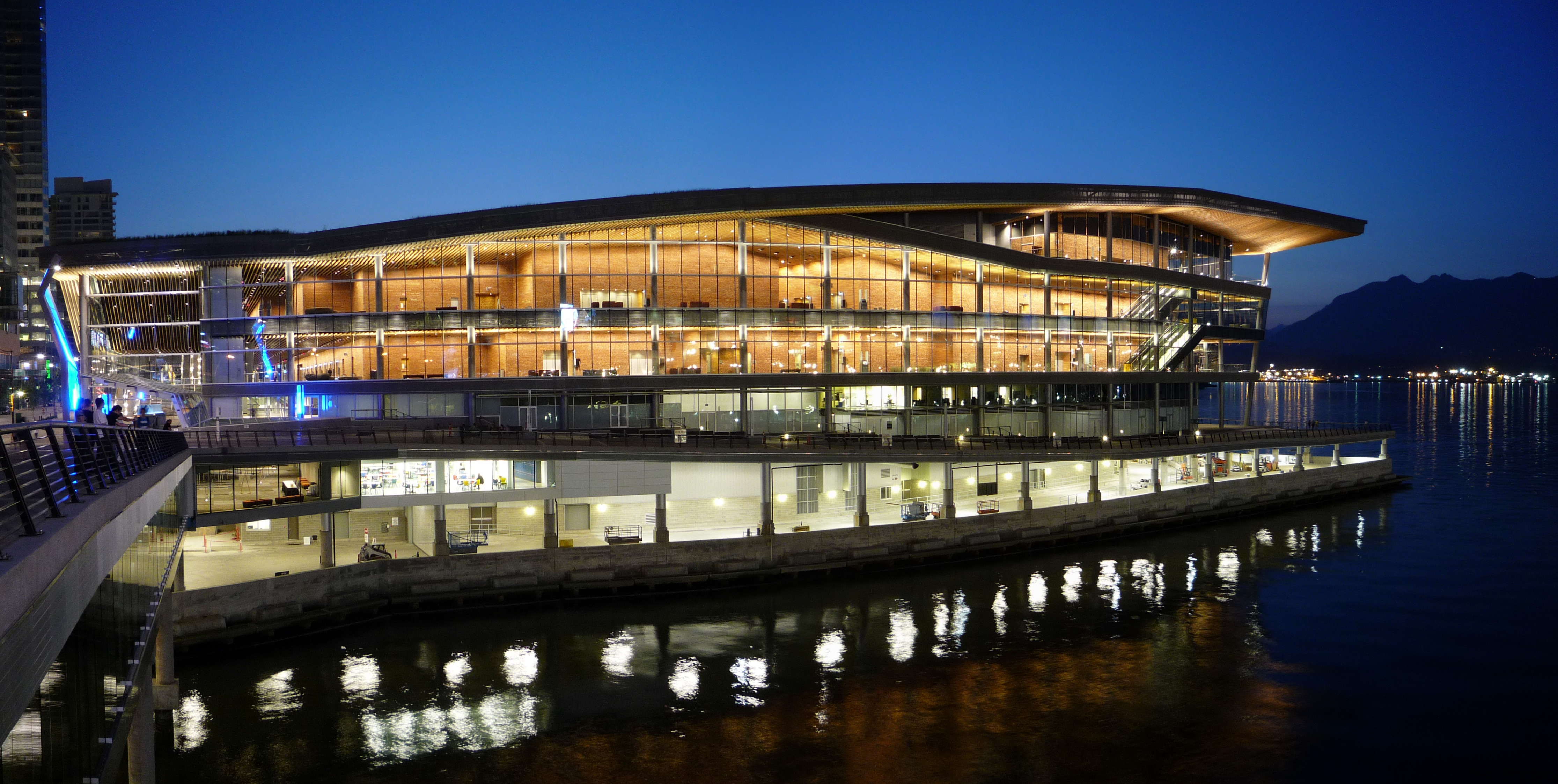 Vancouver Convention Centre West at dusk overlooking the water